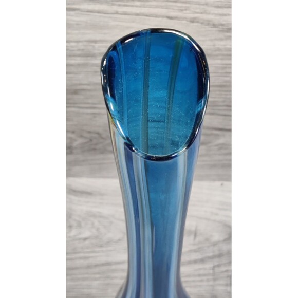 Vintage 10.5” Hand Made & Blown Blue Swirl Swung Stretch Glass Bud Vase Japan - Picture 5 of 10